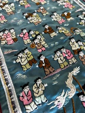 Embroidered Silk Panel with Figural Scene in Teal, Pink & Brown Vintage